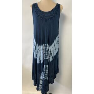 Y2K‎ Boho Tie Dye Dress Rayon Embroidered Blue 1X Hippie Sundress Asymmetrical